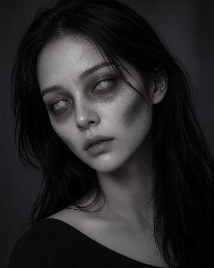 Same young woman with pale undead makeup and cloudy eyes, still recognisable