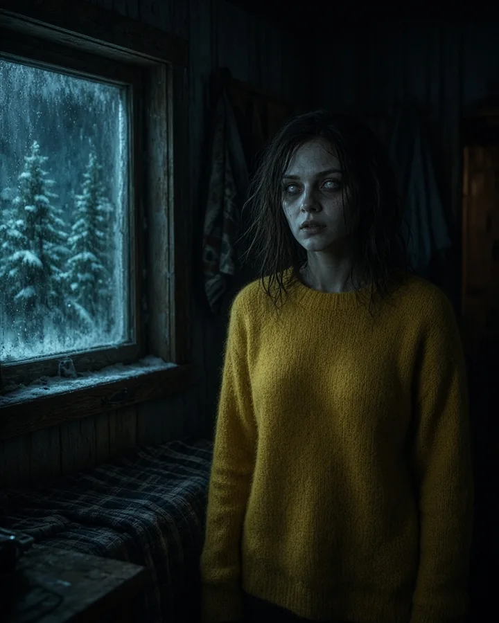 Person in a yellow sweater standing in a dark snowy cabin with pale undead makeup