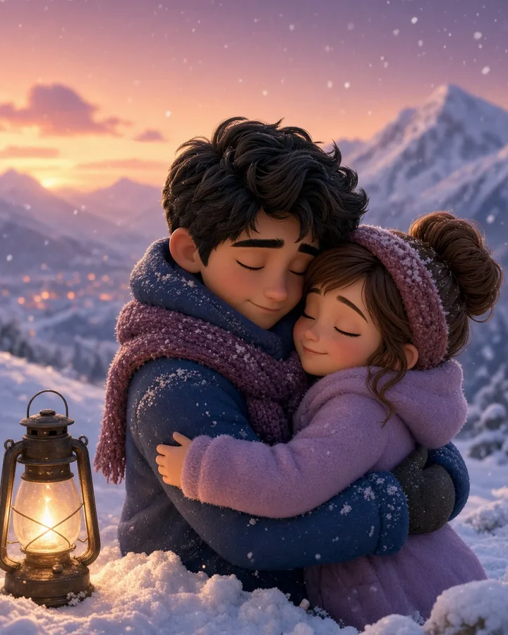 Stylized animated couple hugging on a snowy hill at dusk