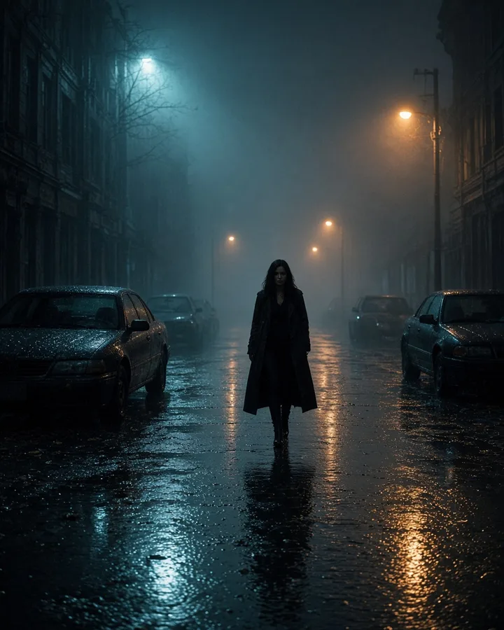 Woman walking through fog on a rainy abandoned city street at night