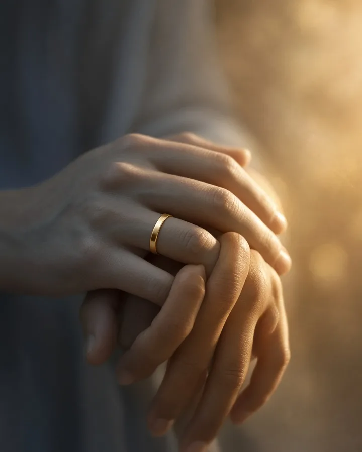 Close-up of two hands holding, one wearing a wedding ring in warm light
