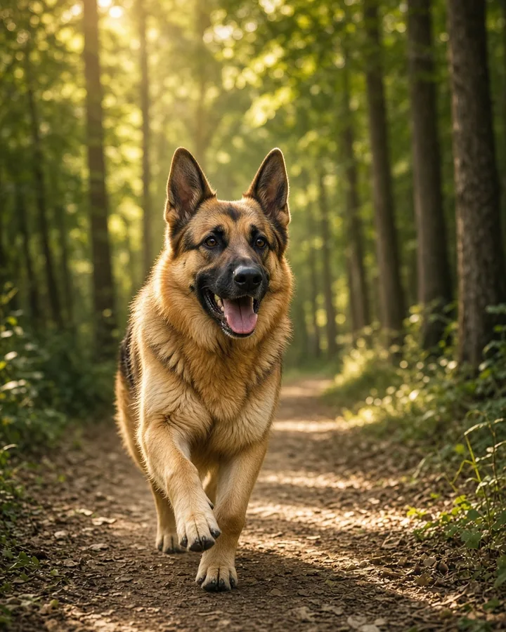 Healthy German shepherd running toward the camera on a sunlit forest path
