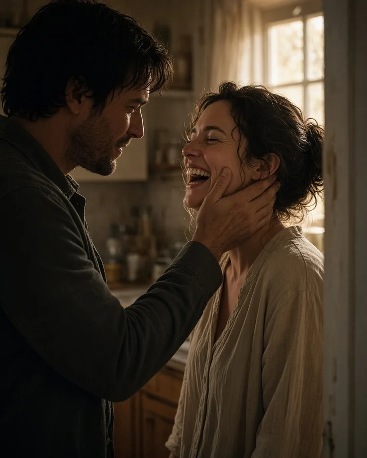 Couple in a kitchen doorway, hand gently on cheek in warm afternoon light