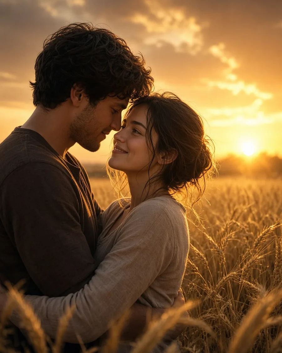 A couple embracing in a golden wheat field at sunset — the warm memory ending of a zombie love story video