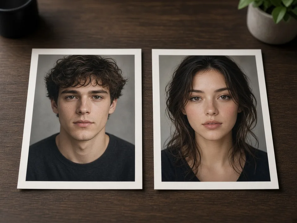 Two portrait photo prints laid side by side on a desk, ready to upload