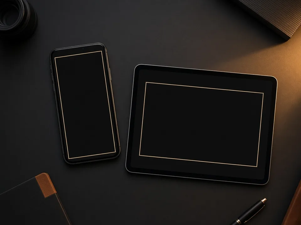 Smartphone and tablet showing vertical and landscape video frames on a dark desk