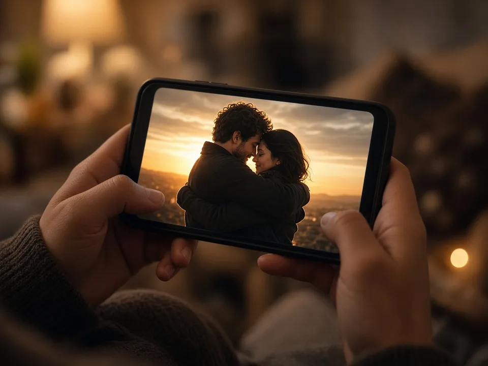Hands holding a phone playing a finished emotional couple video clip